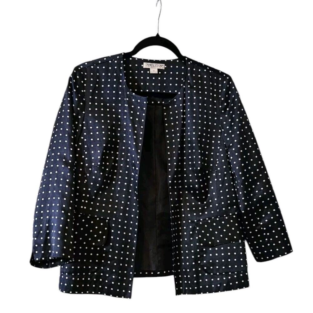 Pendleton Women's Size 8 Petite 8P Silk Blend Open Front Jacket Blue White Dots